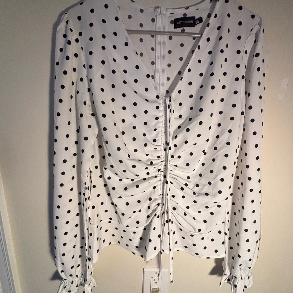 PrettyLittleThing Ruched White and Black Polka Dot Blouse